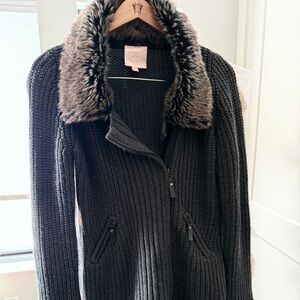 Gently used Romeo & Juliet Couture slate gray zip cardigan w/ faux fur, size L